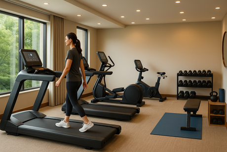 A modern hotel gym with large windows, natural light, and compact fitness equipment including treadmills, an exercise bike, free weights, a bench, and yoga mats.