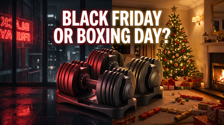Black Friday or Boxing Day? BrainGain SmartBells adjustable dumbbells split between a Black Friday night and a British Boxing Day living room