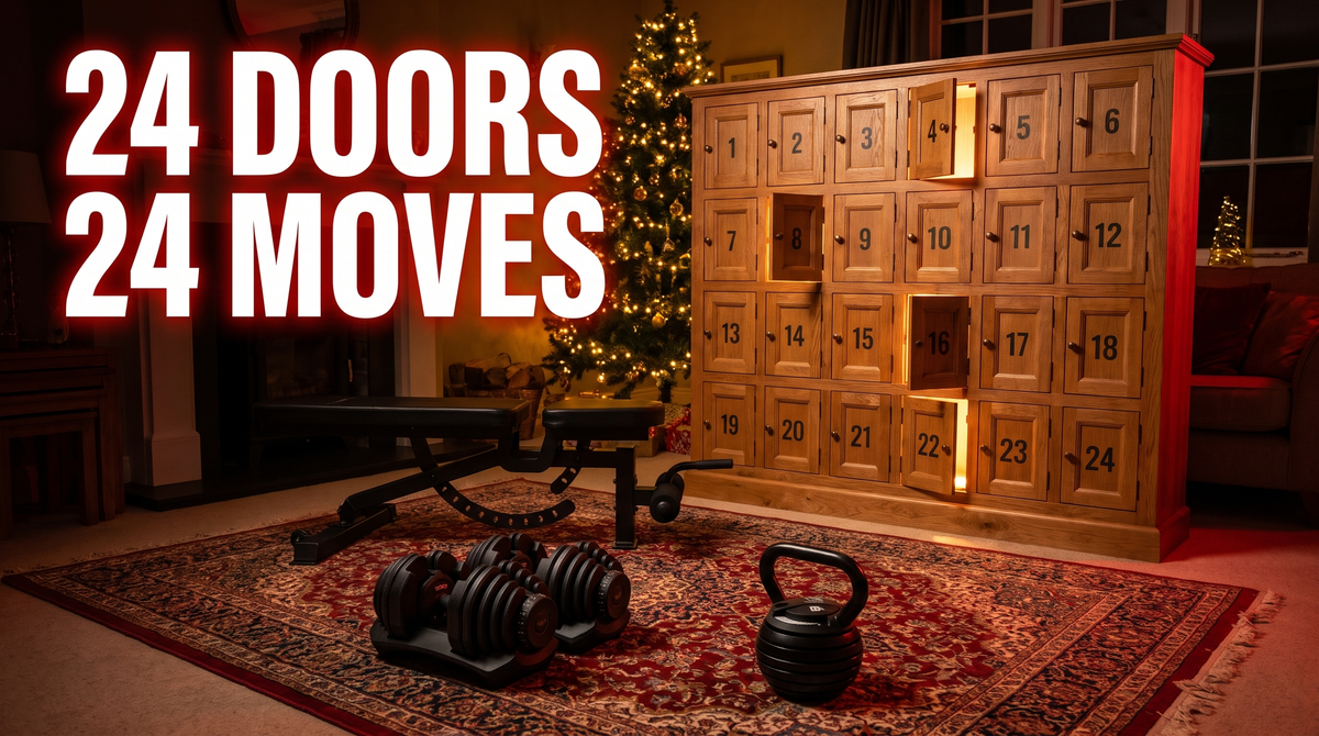 24 doors, 24 moves: a home gym advent calendar beside BrainGain adjustable dumbbells, kettlebell and bench in a festive living room